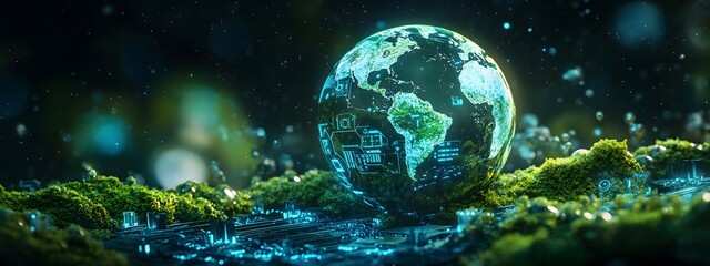 A digital globe surrounded by futuristic technology and greenery, representing global environmental protection in the future.