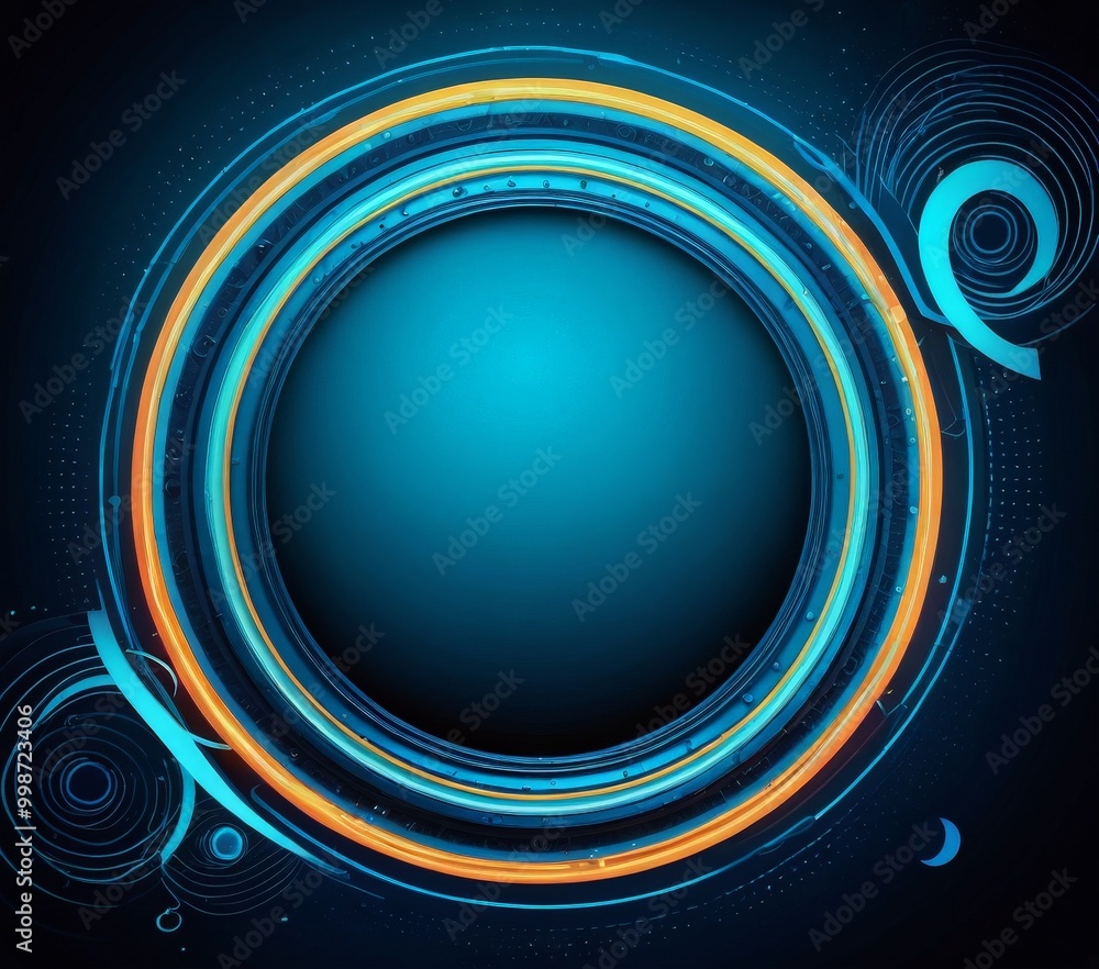 Poster a circular design with a dark blue background, a large central blue circle, and a series of concentr