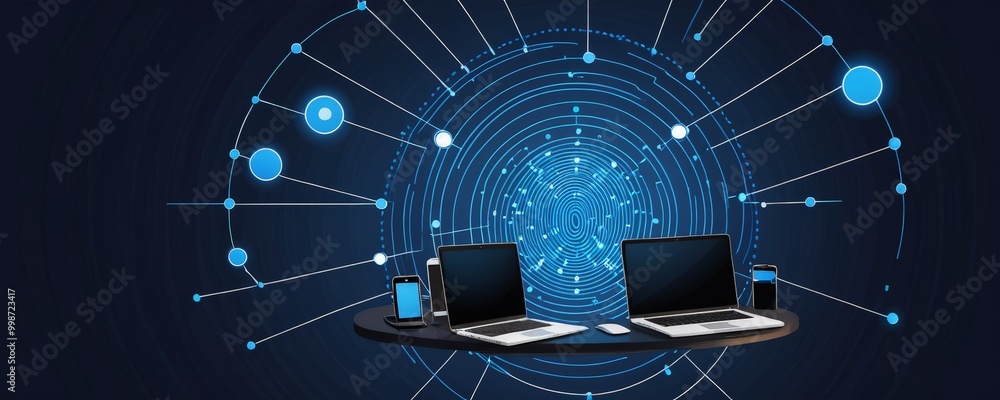 Poster a futuristic workspace with two laptops, a smartphone, and a tablet, all connected to a network of g