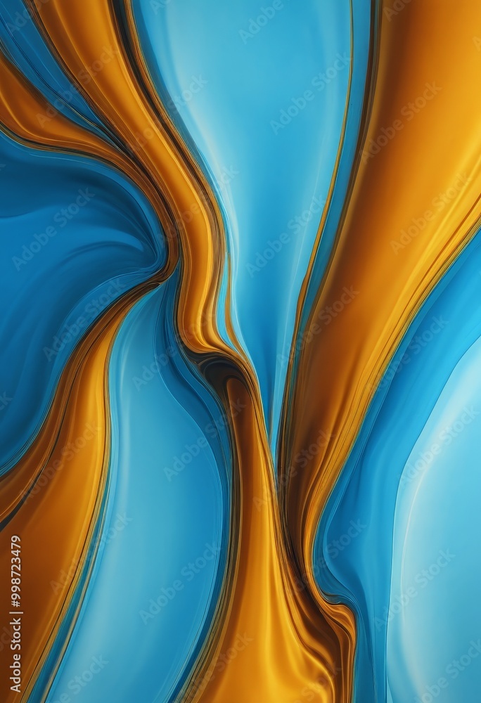 Poster a vibrant abstract composition of swirling lines and curves in blue, orange, and yellow, creating a 