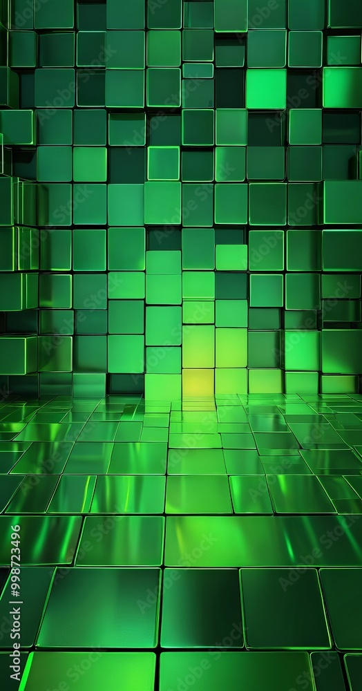 Poster a floor composed of numerous square tiles in a vibrant green color, arranged in a grid-like pattern