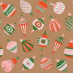 Retro Christmas tree ornaments seamless pattern in red, green, pink and white colours. Repeat pattern for wrapping paper, textile design. Holiday season vector.