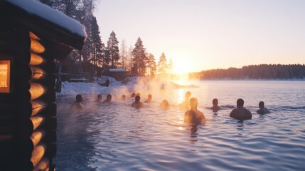 Traditional finnish sauna experience by a winter lake sunset for relaxation and rejuvenation
