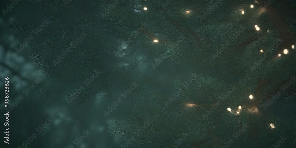 Poster a close-up view christmas tree adorned with twinkling white lights, creating a warm and festive atmo