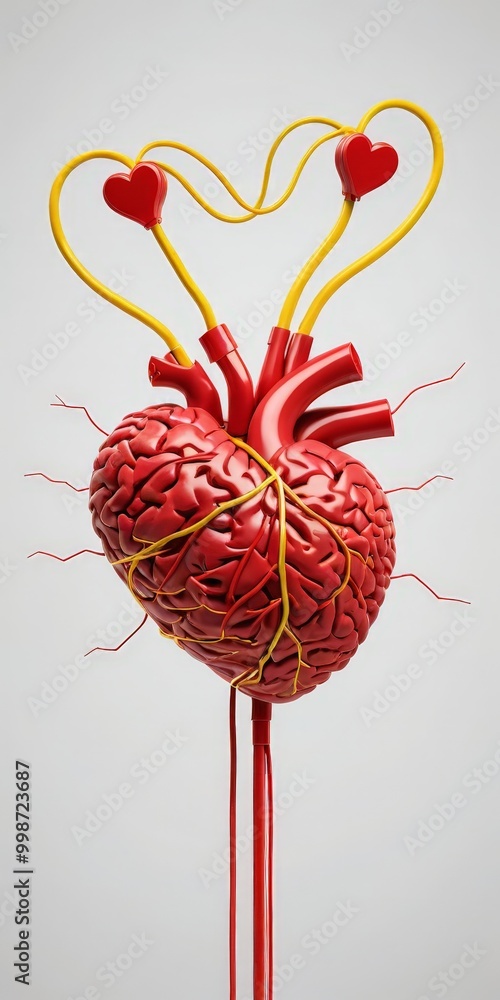 Poster a 3d of a human heart with a brain inside, connected by red wires, against a white background.