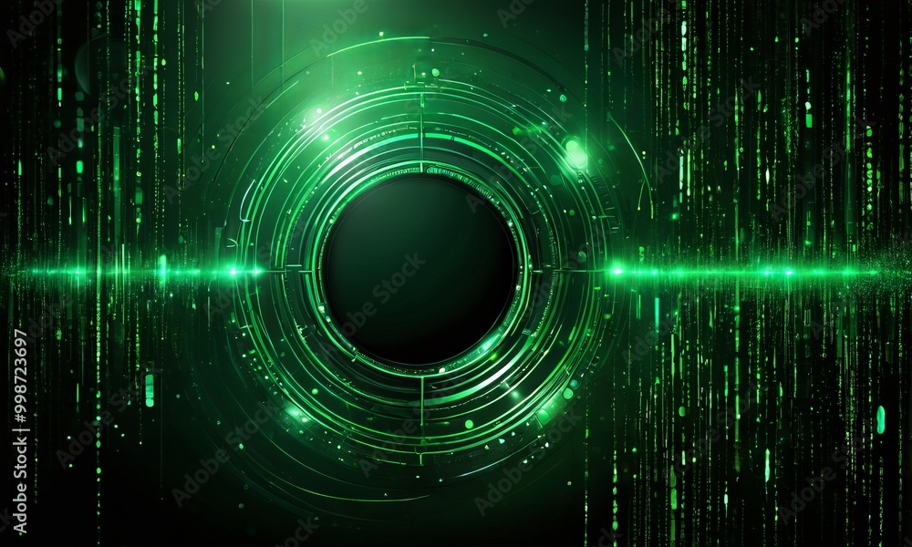 Aufkleber a circular, glowing green ring with a black center, surrounded by a radiant green energy field and a