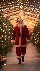 Obraz premium A joyful Santa Claus walks confidently through festive setting adorned with twinkling lights and Christmas trees, embodying spirit of holiday season