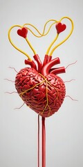 A 3D of a human heart with a brain inside, connected by red wires, against a white background.