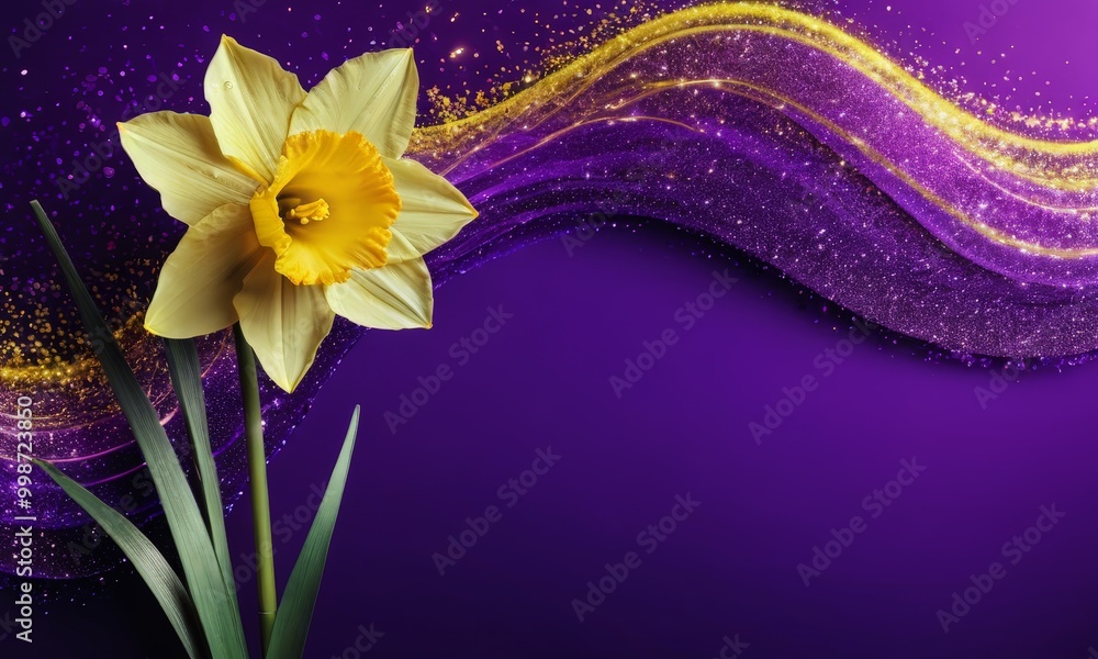 Poster a vibrant yellow daffodil stands out against a purple background adorned with sparkling golden lines