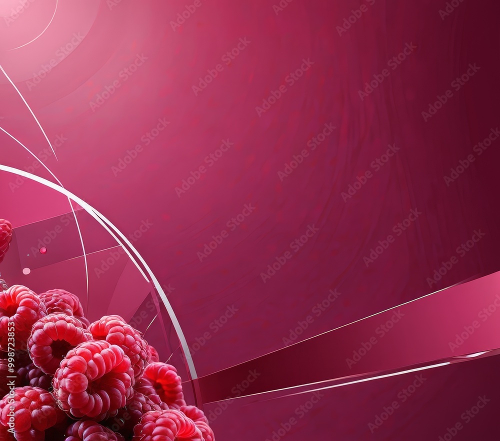 Poster a close-up bunch of raspberries, with a vibrant pink background and abstract shapes