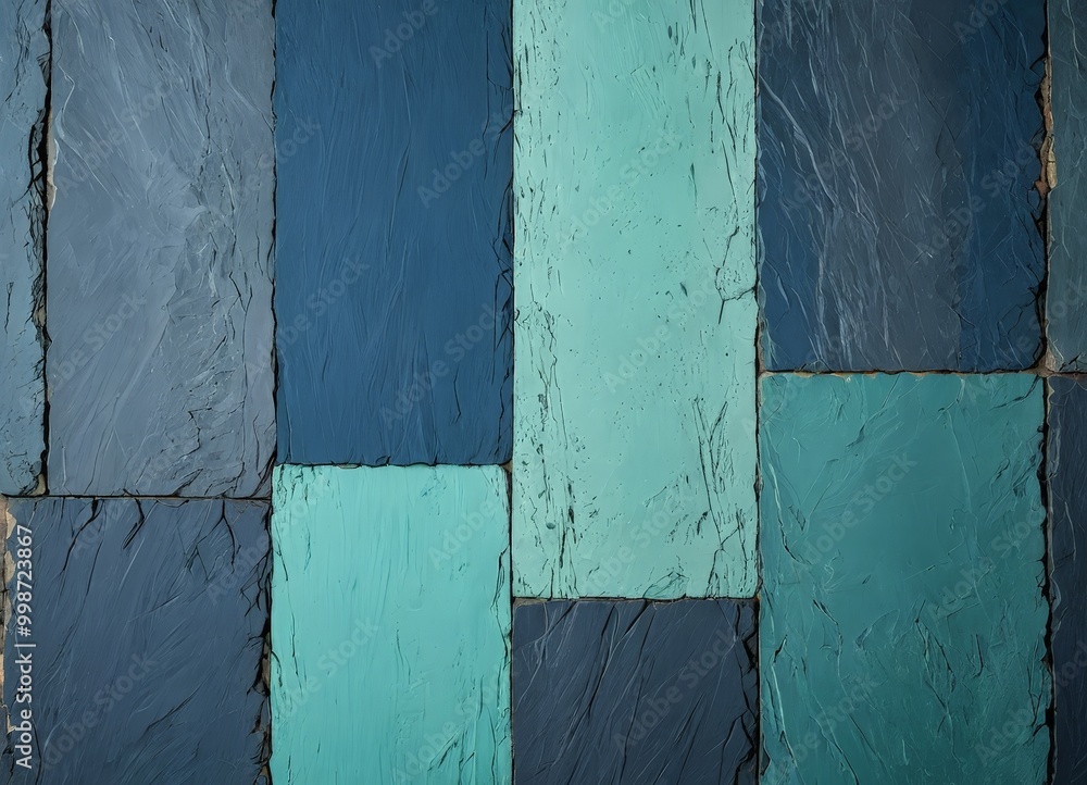 Aufkleber A close-up view textured surface composed of rectangular tiles in various shades of blue and green, arranged in a grid-like pattern