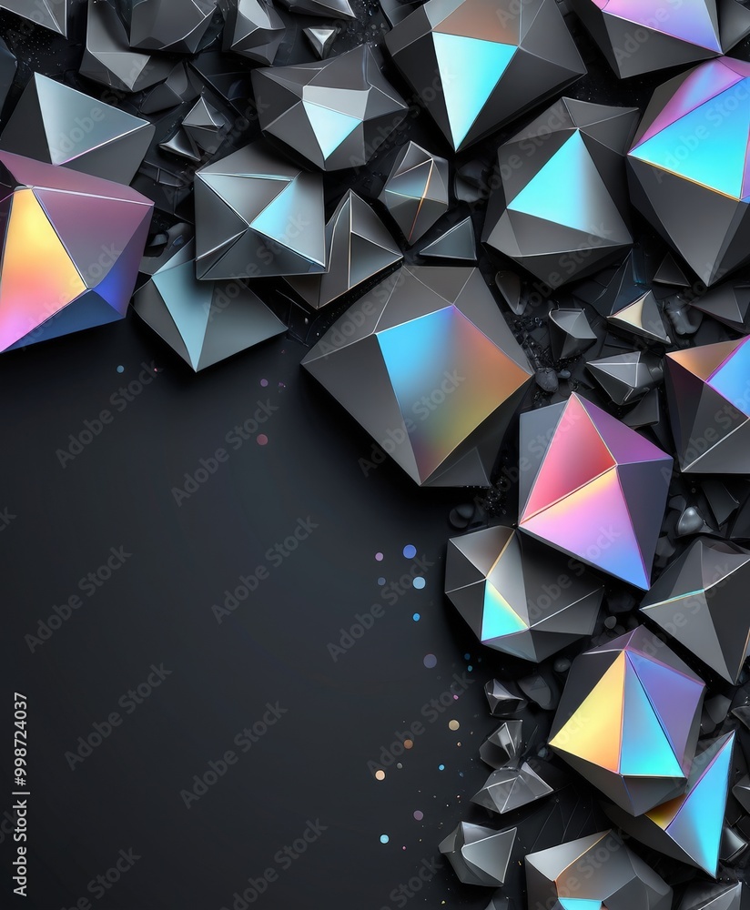 Poster a collection of geometric shapes, predominantly black and gray, arranged in a scattered pattern agai