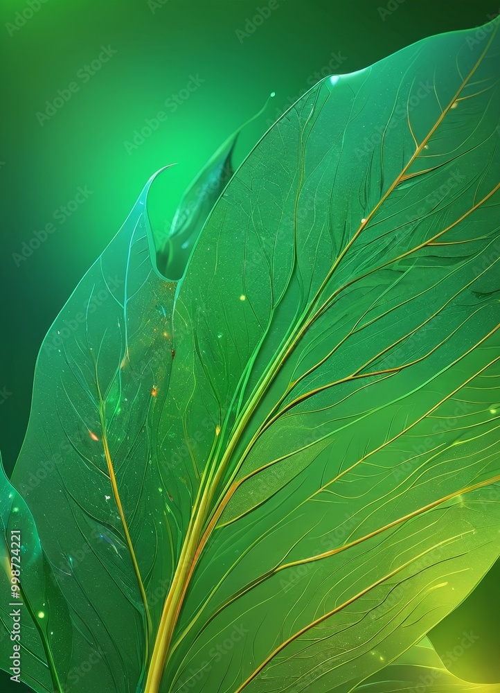 Fototapete a close-up view large, vibrant green leaf with intricate patterns and textures, set against a gradient background transitioning from green to yellow