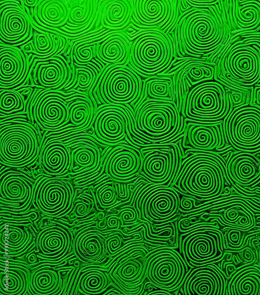 Fototapete a repeating pattern of green spirals on a dark background, creating a visually striking and abstract design
