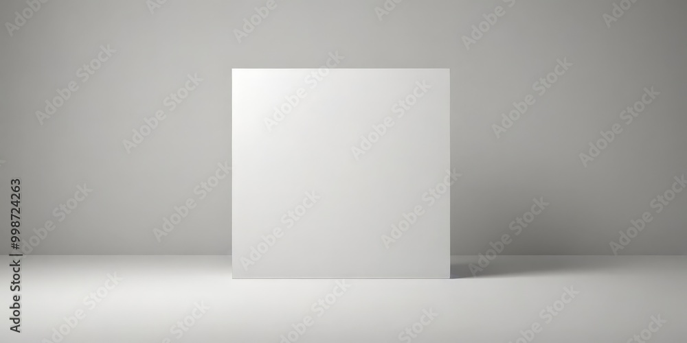 Poster A white rectangular object stands alone against a plain gray background, casting a shadow on the floor below