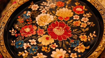Traditional russian hand-painted tray with floral design for decorative use