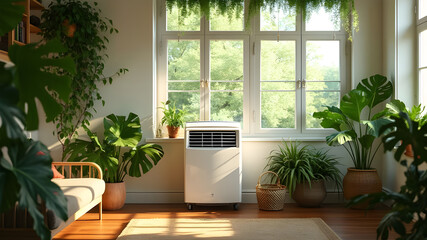Efficient Air Conditioner with Lush Greenery and Natural Light living room