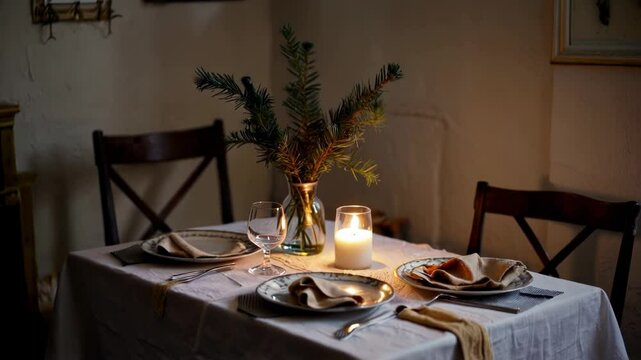 Low-resource Christmas dinner in a rustic setting.Christmas table with simple decoration and few resources, perfect for a cozy evening.