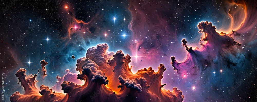 Poster a digital painting nebula, a vast cloud of gas and dust in space, featuring vibrant colors and intri