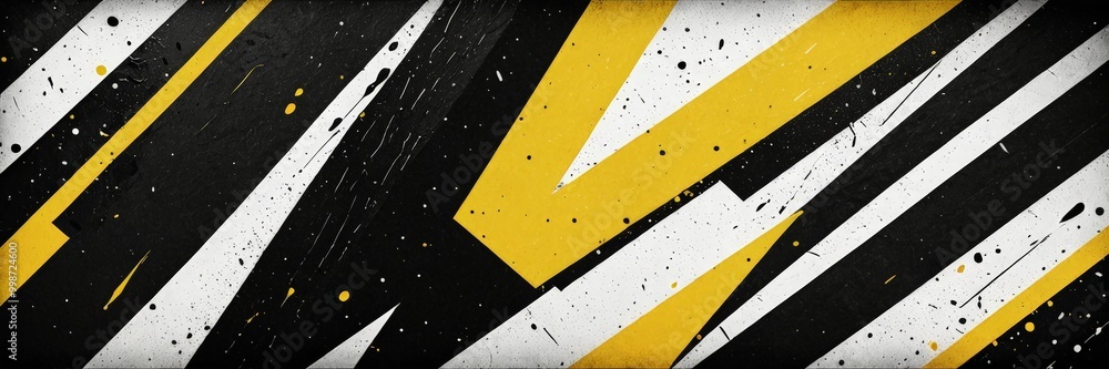 Fototapete a striking abstract composition of intersecting diagonal lines in black, white, and yellow, with splatters and splotches adding texture and depth