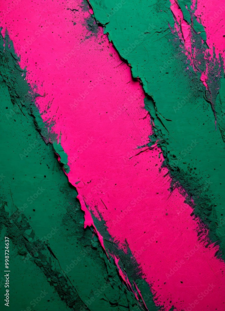 Poster a vibrant abstract composition with a diagonal line of pink paint on a green background, creating a striking contrast