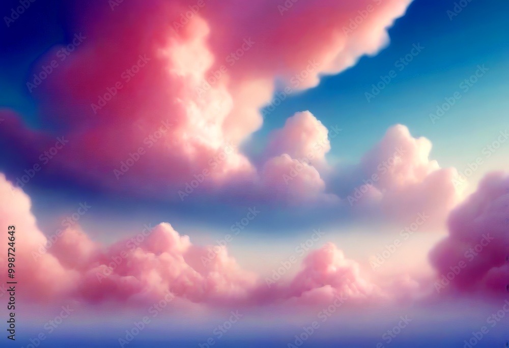 Poster a serene sky with fluffy pink and blue clouds, creating a dreamy and tranquil atmosphere