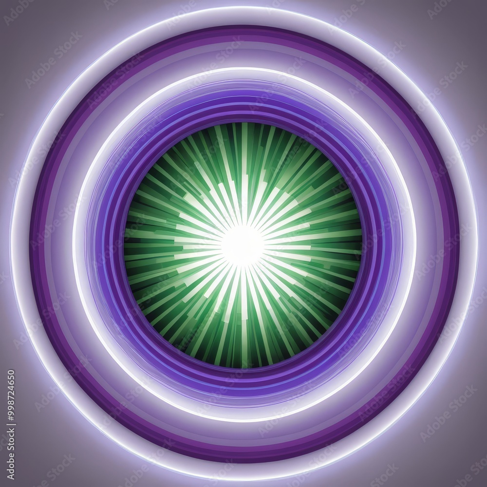 Aufkleber a circular design with a radiant green center and purple radiating lines surrounding it, creating a visually striking and abstract composition
