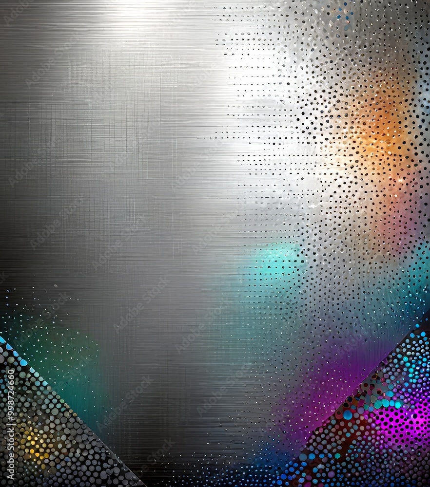 Poster a metallic surface with a textured pattern, transitioning from a darker gray to a lighter gray towards the edges The edges are adorned with a vibrant array of multicolored