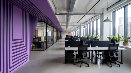 Modern Office Interior Design with Purple Geometric Wall and Large Windows