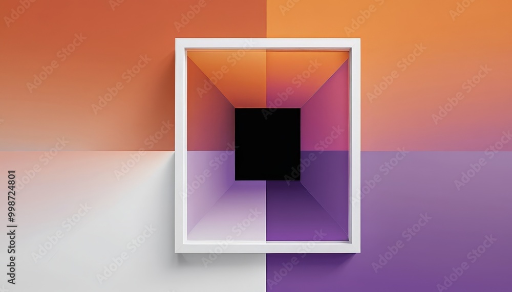 Poster A white rectangular frame with a black square in the center is set against a gradient background transitioning from orange to purple
