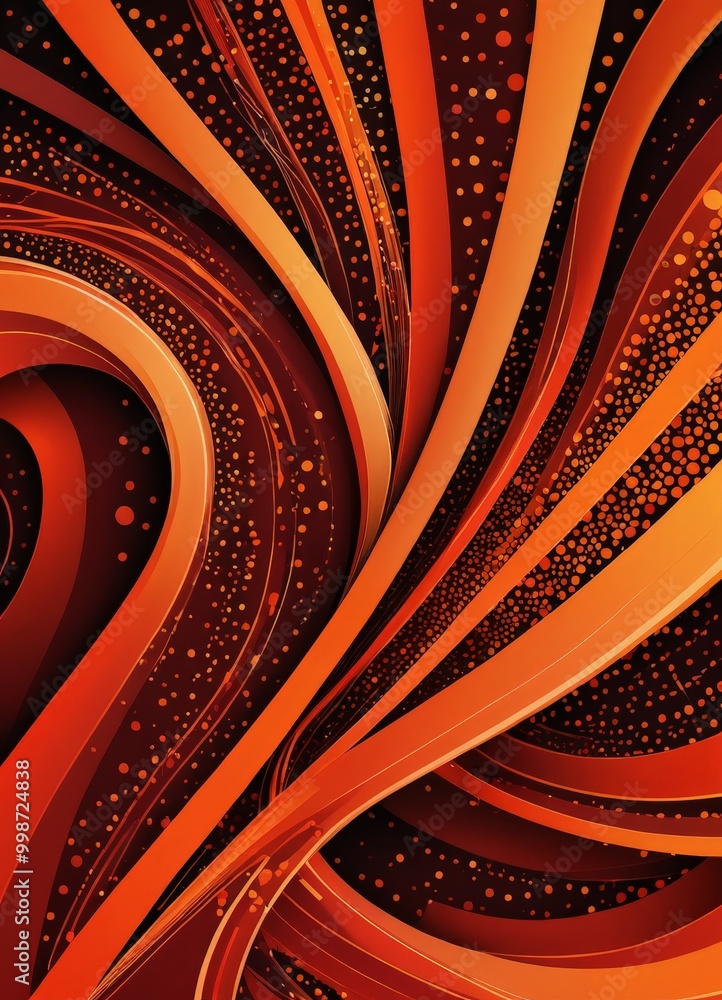 Poster a striking abstract composition of curved lines and dots in shades of orange and black, creating a d