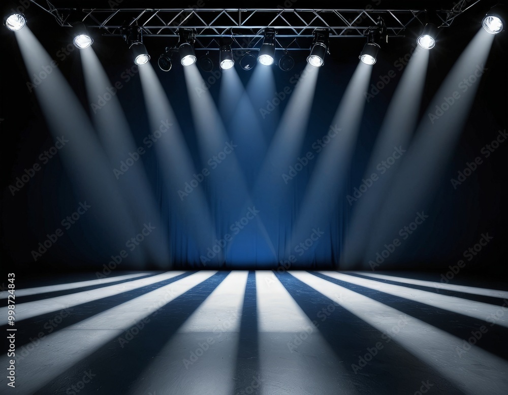Aufkleber A stage with a blue curtain and white lines, illuminated by a series of spotlights arranged in a diagonal pattern