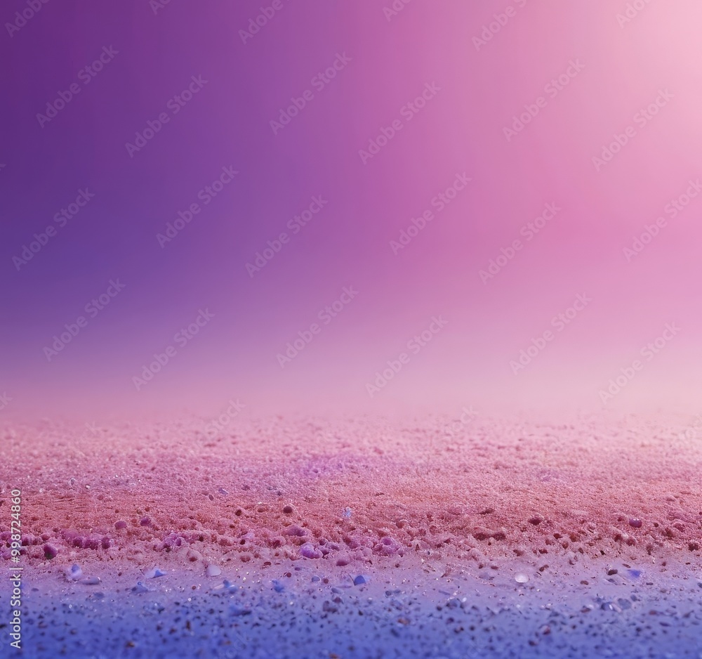Poster a gradient background transitioning from a deep purple at the top to a lighter shade of pink at the bottom, with a sandy texture and small rocks scattered across the surface.