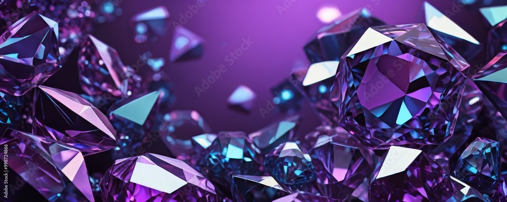 Poster a collection of faceted purple and blue crystals, each with a unique shape and size, are arranged in