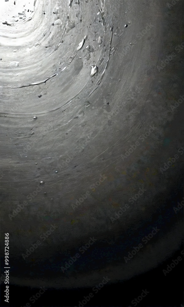 Poster a dark, abstract background with a circular pattern of small, irregularly shaped objects or specks, creating a sense of depth and movement