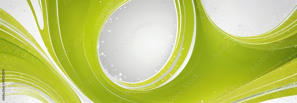 Poster a vibrant abstract composition with green and white hues The central focus is a large, white circle, which is surrounded by a series of curved lines in varying shades of
