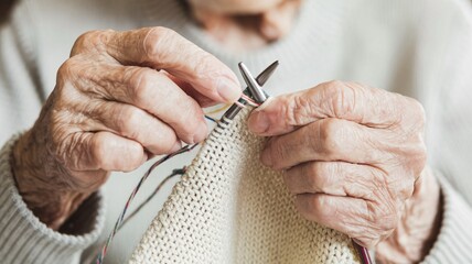 A close-up photograph of an elderly woman's hands as she knits a light blue and white sweater. Her wrinkled hands hold the knitting needles, showcasing her skill and dedication to the craft.