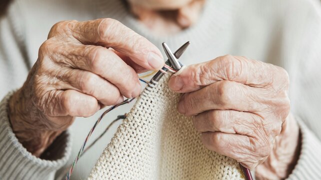 A close-up photograph of an elderly woman's hands as she knits a light blue and white sweater. Her wrinkled hands hold the knitting needles, showcasing her skill and dedication to the craft.