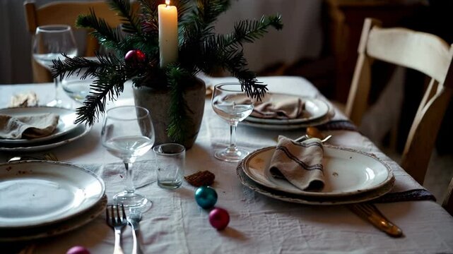 Prepared Christmas dinner table in a cozy home.Christmas dinner table set with dinnerware, adorned with pine branch and Christmas baubles, in a festive and inviting setting