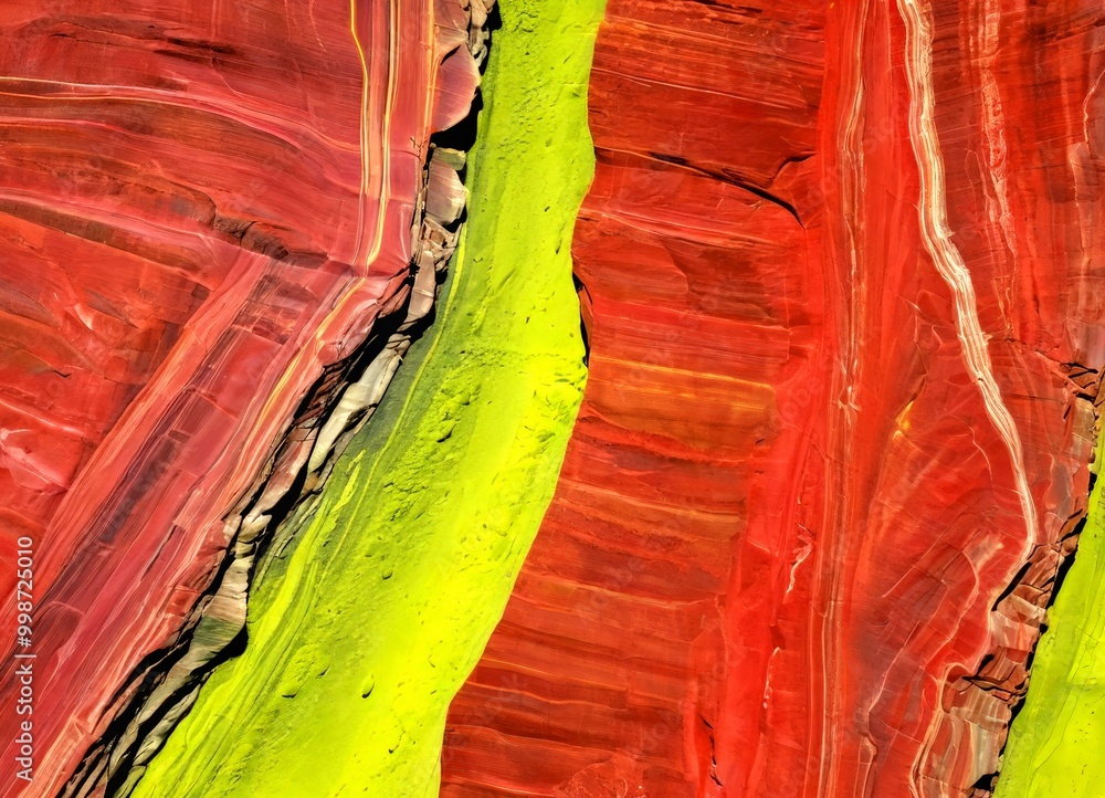 Poster a close-up view striking rock formation with alternating red and green layers, creating a vibrant and dynamic visual effect