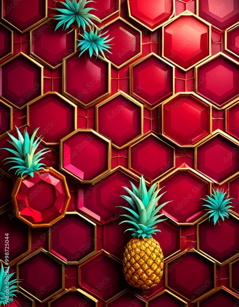 Poster a vibrant digital illustration featuring a repeating pattern of red and gold hexagonal shapes, with 