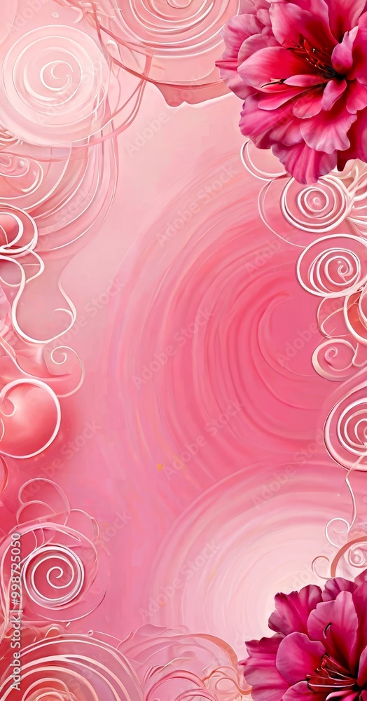 Poster a pink background with a large pink flower on the right side and a series of white swirls and curves