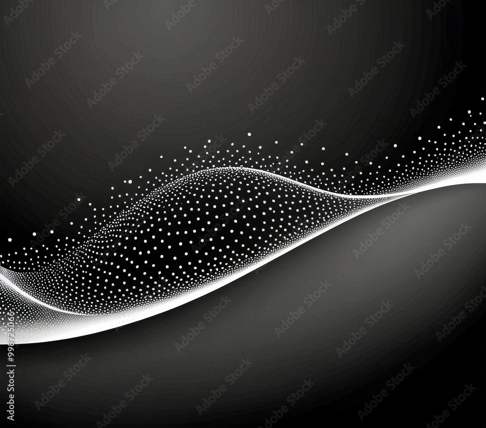 Poster a black and white abstract design with a wave-like pattern composed of small white dots, creating a sense of movement and dynamism