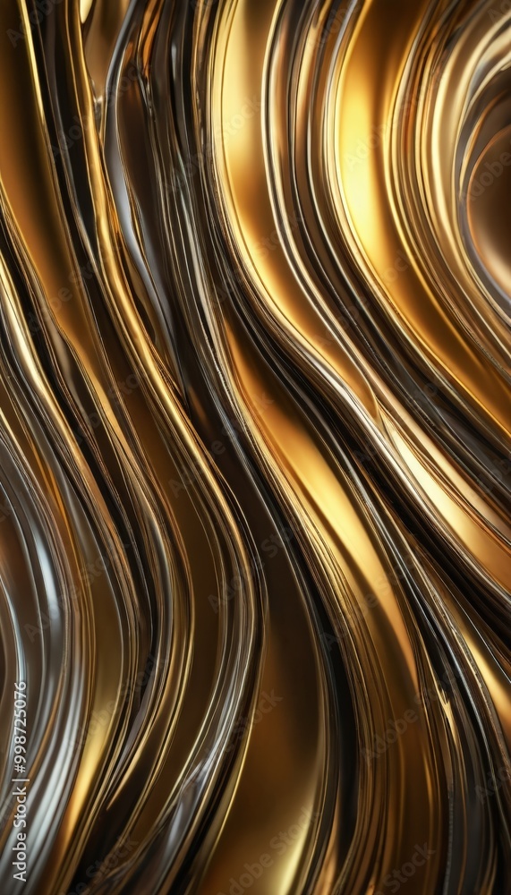 Poster a close-up view textured surface with a repeating pattern of curved lines in shades of gold and black, creating a sense of movement and depth