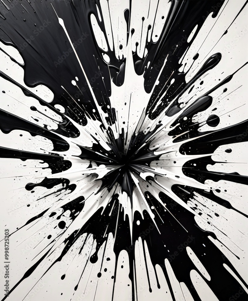 Poster a striking black and white abstract composition, with a central black blob surrounded by radiating l