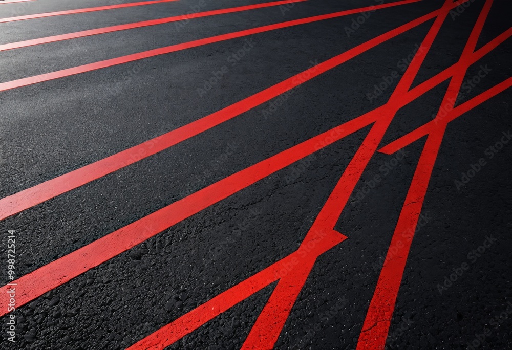Poster A close-up view black asphalt road surface with red diagonal lines running across it, creating a striking geometric pattern