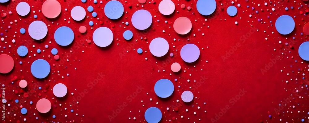 Poster a vibrant red background with scattered circles in various shades of blue, pink, and purple, creatin