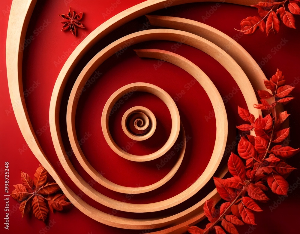 Poster a spiral pattern with a central point and concentric circles, set against a red background with red leaves and a star anise
