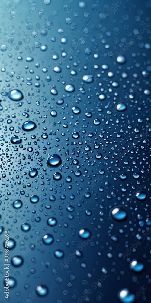 Poster A close-up view of numerous water droplets on a dark blue surface, creating a visually striking and abstract pattern