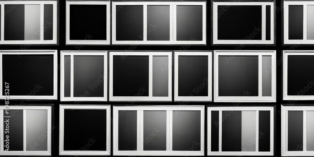 Poster A grid of black and white rectangular frames, each with a white border, arranged in a symmetrical pattern